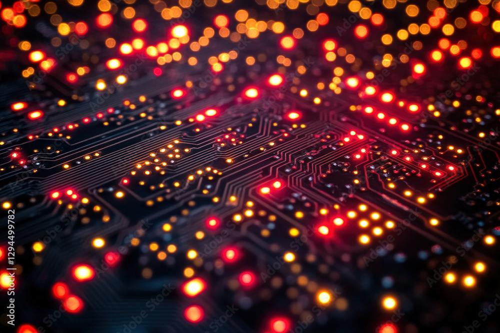 Fototapeta premium A printed circuit board (PCB) decorated with Christmas lights, festive and technical, creative design