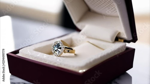 Small red velvet box with an engagement ring inside