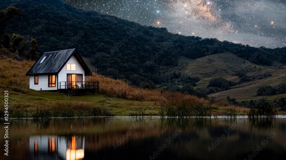 Fototapeta premium Serene Lakeside Cabin Under Starry Night Sky Mountain View