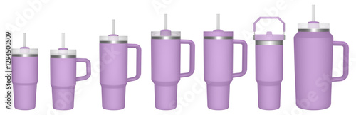 Thermo cup with handle and straw. 14, 30, 40, 64 oz. Travel thermos. Set of light purple mugs. Tumbler or quencher	
