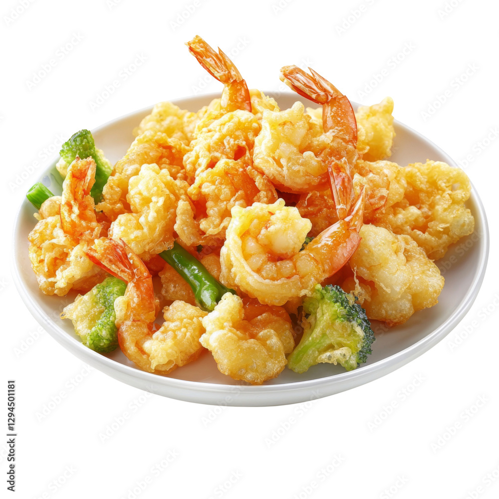 Crispy fried shrimp with vegetables on white plate, showcasing delicious seafood dish. vibrant colors and textures create appetizing presentation