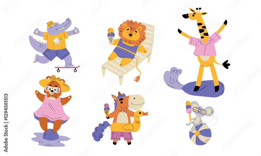 Obraz premium Funny Animals Tourist Enjoying Summer Beach Vacation Vector Set