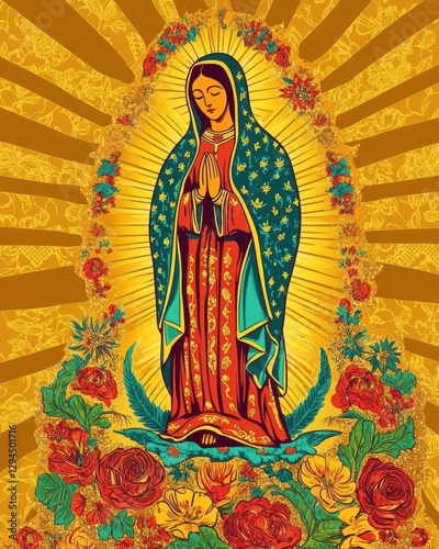 Vibrant Illustration of Our Lady of Guadalupe Surrounded by Radiant Golden Rays and Floral Accents