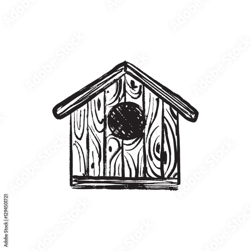 Wooden bird house feeder in black brush stroke texture isolated on white background. Hand drawn vector sketch illustration in vintage charcoal ink. Nature concept, help animals, wood craft design