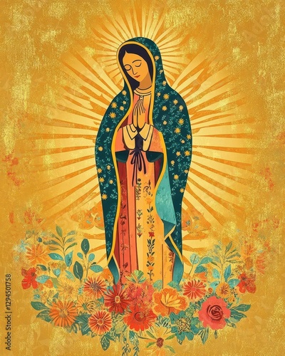 Vibrant Illustration of Our Lady of Guadalupe Surrounded by Radiant Golden Rays and Floral Accents
