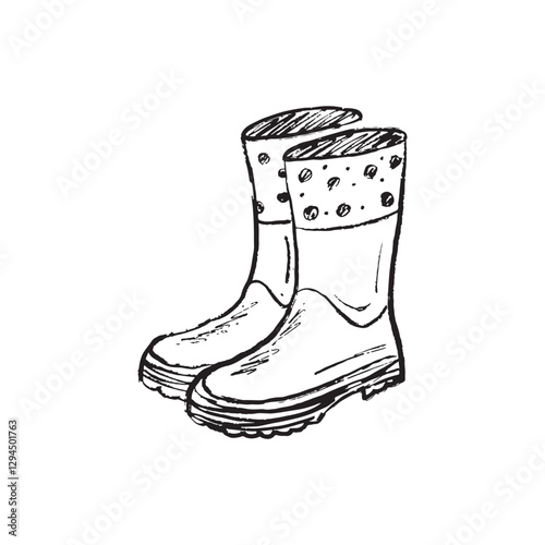 Rubber boots for rain protection. Garden shoes, equipment. Black brush stroke texture isolated on white. Hand drawn vector sketch illustration in vintage charcoal ink. Spring fashion