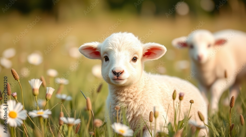 Fototapeta premium Charming lamb portrait in a meadow of daisies bathed in sunlight