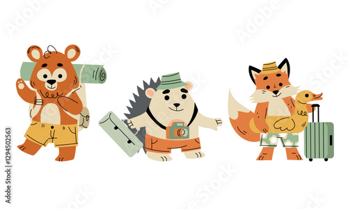 Cute Animal Traveler on Summer Vacation with Luggage Having Trip Vector Set