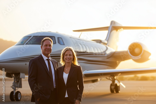 Confident Man and Woman Standing in Front of a Private Jet