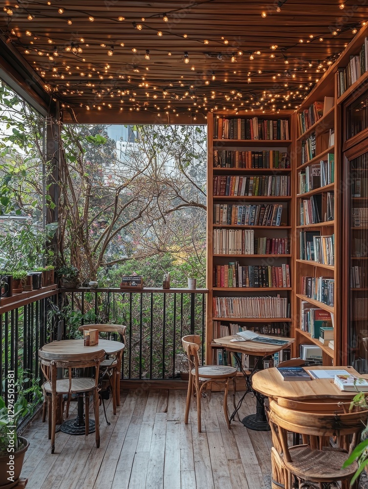Fototapeta premium A warm cozy balcony with books and fairy lights