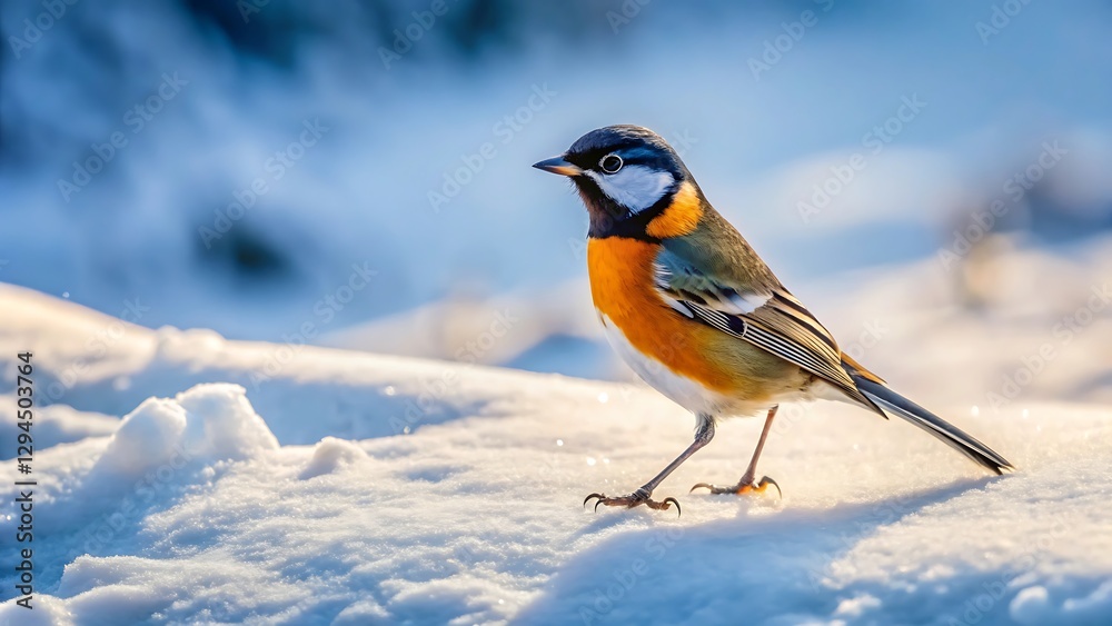 Fototapeta premium A vibrant robin standing on a snow covered landscape