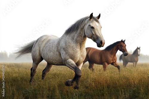 Majestic Horses Galloping Freely Across Open Grassy Meadow Landscape