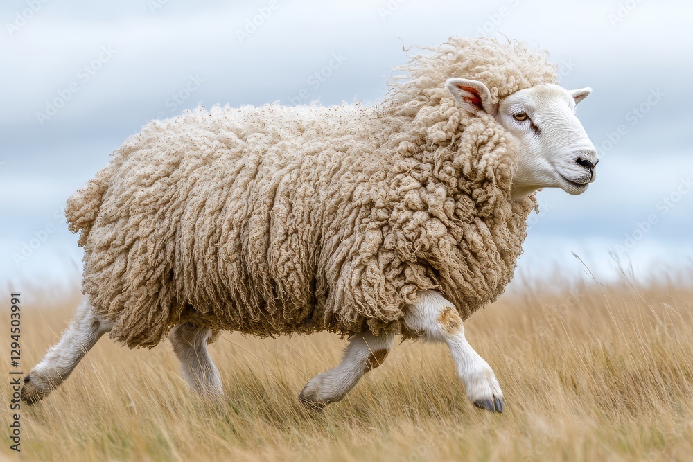 Majestic Sheep Trotting Through Golden Field Under a Cloudy Sky Majestic Sheep Trotting Through Golden Field Under a Cloudy Sky