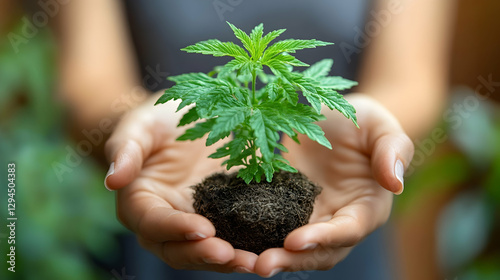 Woman's hands holding small cannabis plant