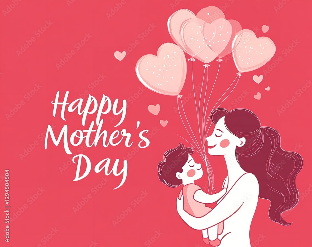 A mother's tender embrace, her child nestled safely, heart-shaped balloons soaring, celebrating a joyous Mother's Day with a pink and white minimalist design. A mother's tender embrace, her child nestled safely, heart-shaped balloons soaring, celebrating a joyous Mother's Day with a pink and white minimalist design.