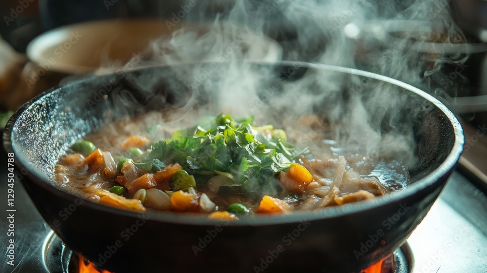 Steam Rising from Sizzling Pan with Fresh Vegetables Cooking Steam Rising from Sizzling Pan with Fresh Vegetables Cooking