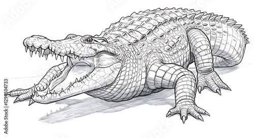 Detailed Drawing of an Alligator with Open Mouth on White Background