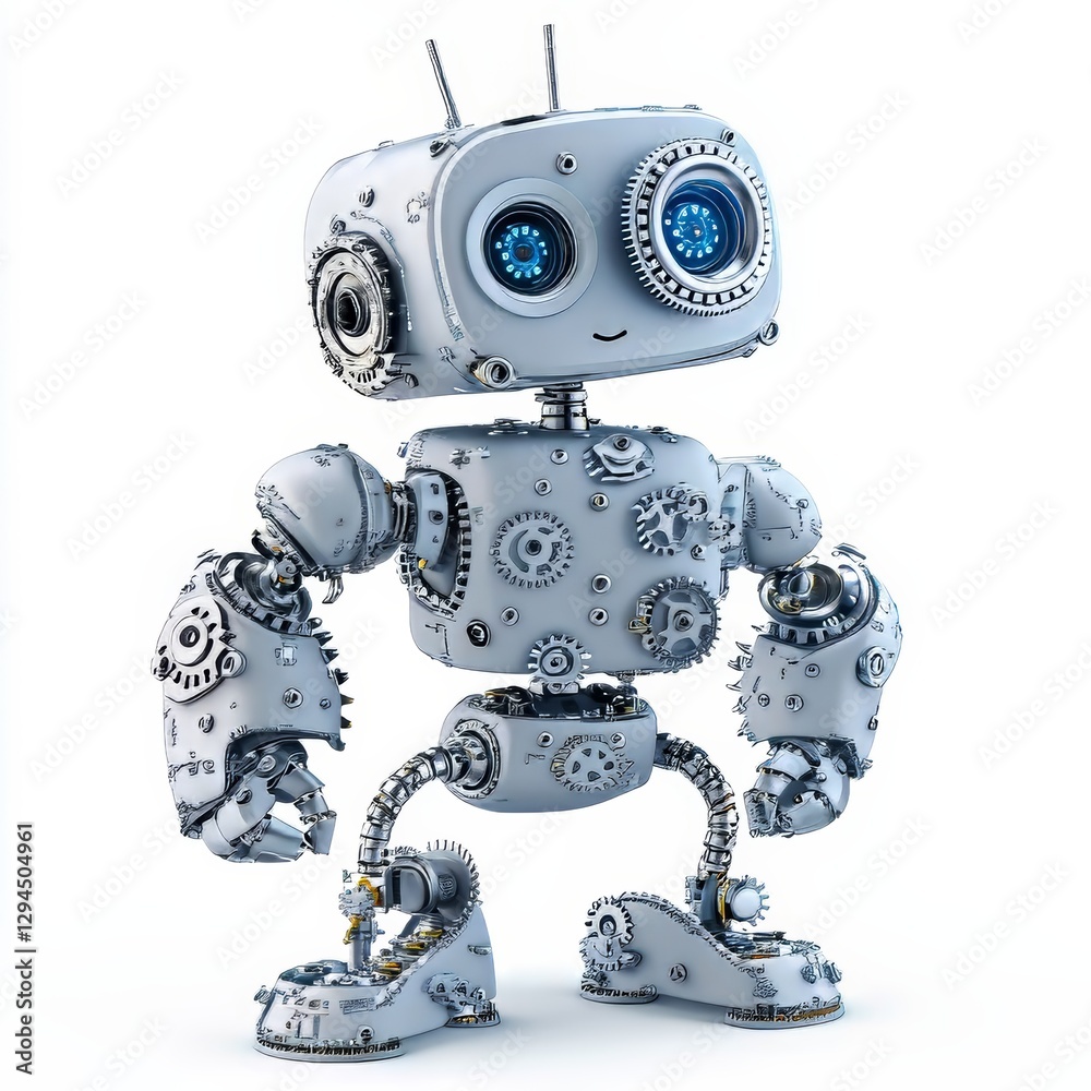 Naklejka premium Adorable Steampunk Robot with Glowing Blue Eyes