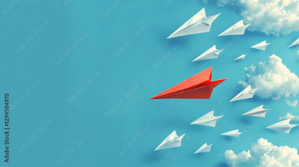 One Red Paper Airplane Leading a Flock of White Ones Unique Path, Innovation Concept, Leadership, Blue Sky Background Leadership, Innovation One Red Paper Airplane Leading a Flock of White Ones Unique Path, Innovation Concept, Leadership, Blue Sky Background Leadership, Innovation
