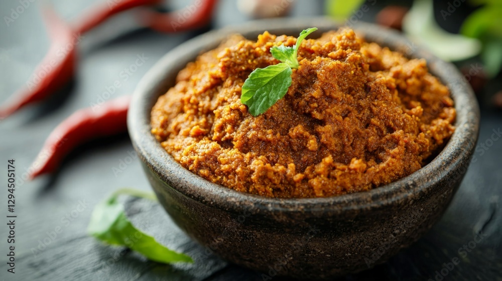 Spicy Red Chili Paste in Rustic Bowl with Fresh Herbs and Spices Spicy Red Chili Paste in Rustic Bowl with Fresh Herbs and Spices