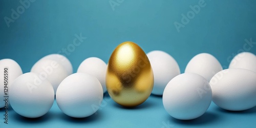 Golden Egg Among White Eggs Product Photography, Blue Background, Uniqueness Concept uniqueness, golden egg