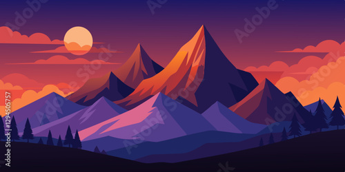 Scenic mountain landscape at dusk with colorful skies and towering peaks