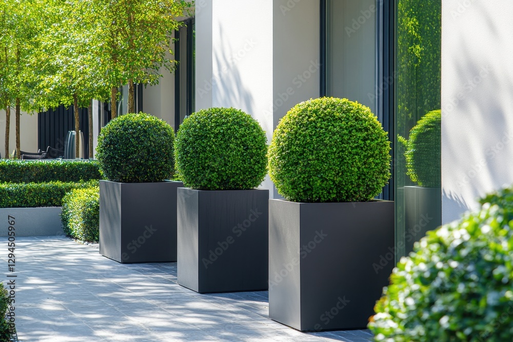 Fototapeta premium Minimalist Garden Design with Tall Planters Featuring Vertical Standards Modern Architecture Outdoor Environment Contemporary Viewpoint