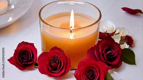 Single lit candle in a glass holder, surrounded by scattered red rose petals