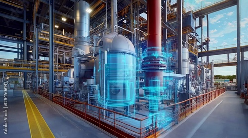 Digital Twin of Industrial Plant 3D Model Overlay on Refinery Structure, Industrial Automation, Digitalization Industrial IoT, Smart Manufacturing