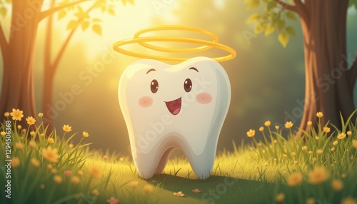  Animated tooth character with halo in a sunny forest with daisies