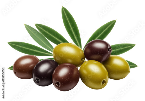 Isolated Assortment of Green and Black Olives with Leaves