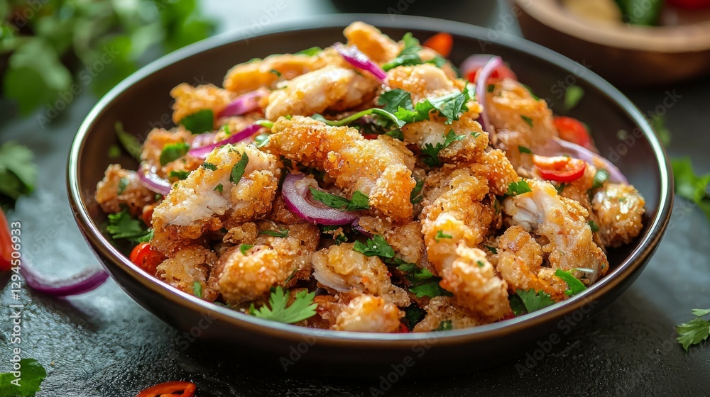 Crispy Fried Shrimp with Colorful Vegetables and Herbs on Plate Crispy Fried Shrimp with Colorful Vegetables and Herbs on Plate