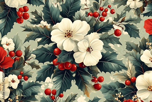 Elegant Christmas floral pattern with holly and white flowers.