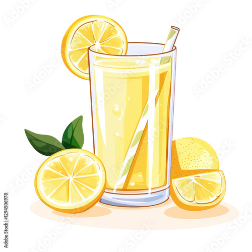 Refreshing lemon drink in glass with lemon slices and leaves
