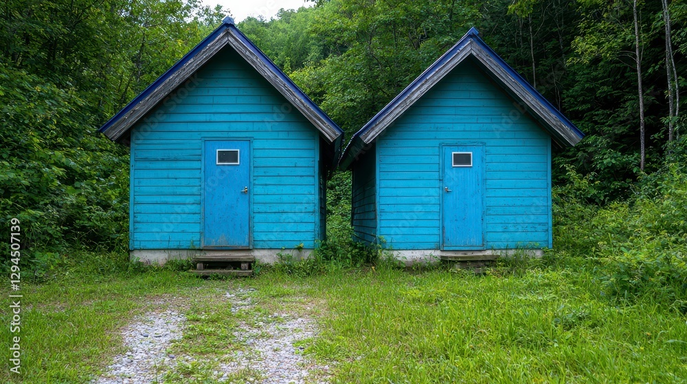 Two abandoned blue cabins surrounded by dense forest vegetation in a remote location Two abandoned blue cabins surrounded by dense forest vegetation in a remote location