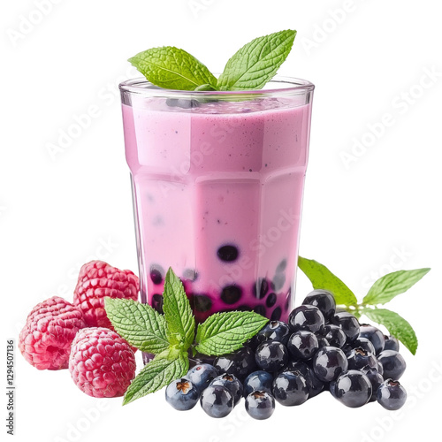 Fresh berry smoothie with mint leaves, raspberries, and blueberries