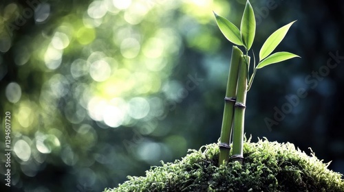 Two fresh bamboo shoots, adorned with crisp green leaves, stand tall on a lush bed of moss, representing growth, renewal, and the beauty of nature.