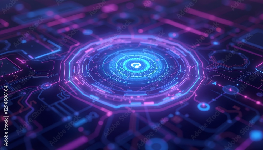 Obraz premium Futuristic Circuit Board with a Central Power Core and Neon Lighting
