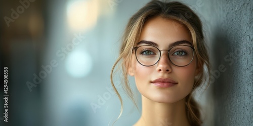 Young woman with glasses poses confidently against a textured wall in soft lighting