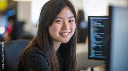 Free Download Smiling Young Asian Female Software Developer at Work - GFXLoad