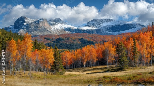 Autumnal mountain valley landscape, snow-capped peaks
