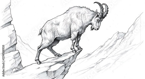 Ibex Standing on Rocky Mountain Ledge Grayscale Pencil Drawing Illustration