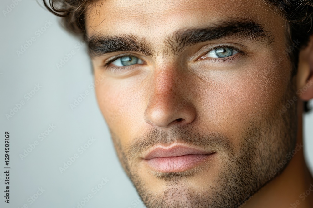 Fototapeta premium Close-up portrait of a young man with blue eyes and a light beard, showcasing his clear skin and facial features.