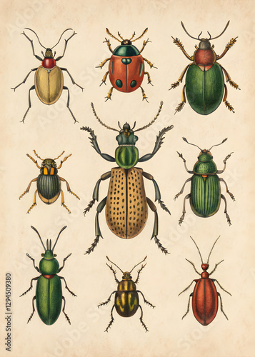 a sheet of antique botanical lithography of the 18 century including bugs and insects vintage poster