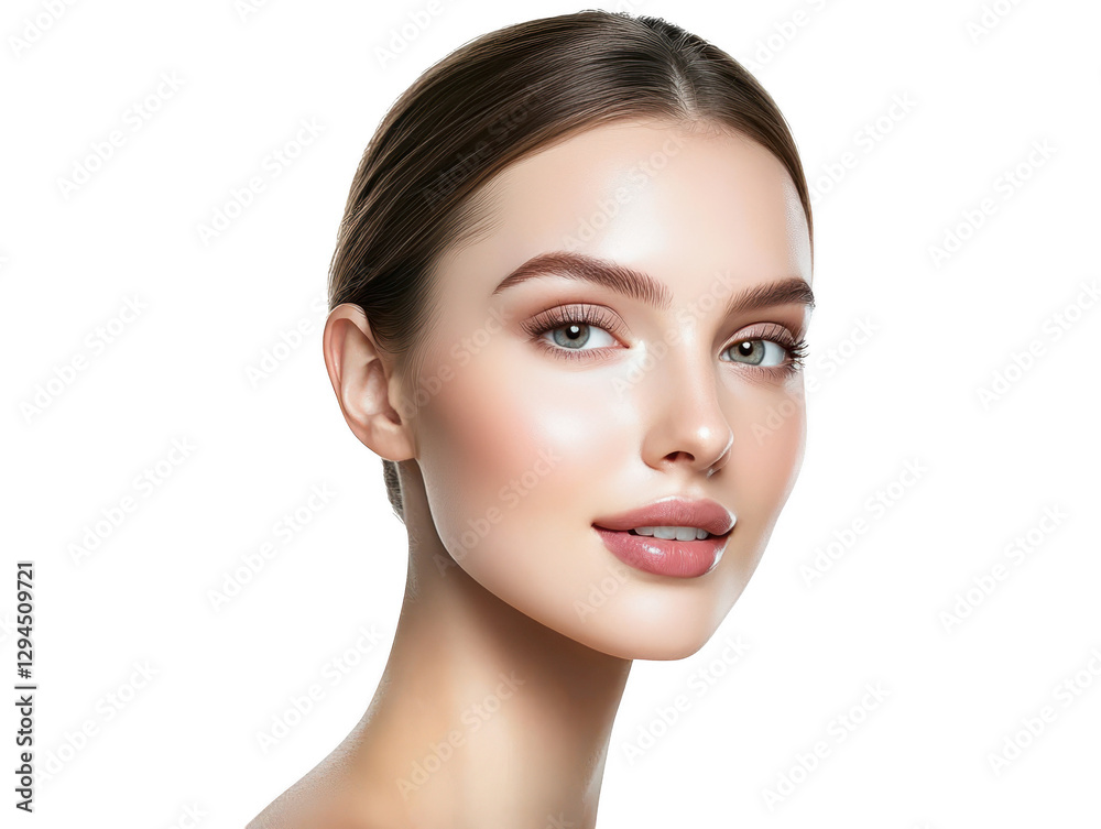 Radiant portrait, a woman with luminous skin and soft pink lipstick Radiant portrait, a woman with luminous skin and soft pink lipstick