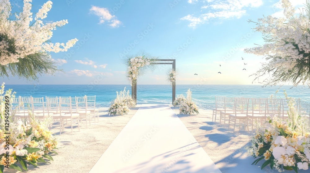 Fototapeta premium Beach Wedding Ceremony Setup: White Flowers, Ocean View