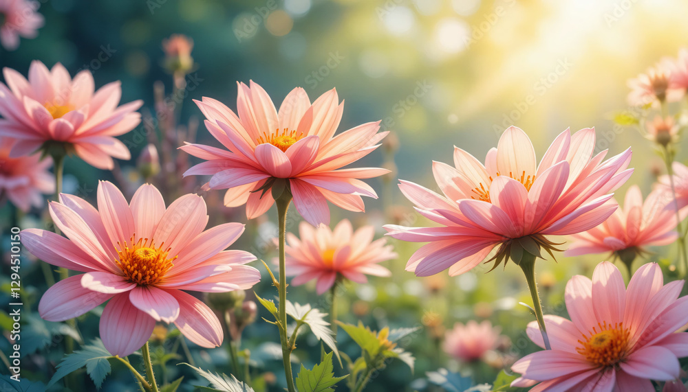 Sunlit Pink Flowers in a Meadow – Ideal for Nature, Spring, and Floral Designs Sunlit Pink Flowers in a Meadow – Ideal for Nature, Spring, and Floral Designs