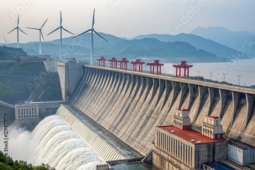 Closeup View of Three Gorges Dam Showcasing Hydroelectric Power Generation. Generative AI
