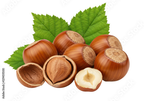 Isolated Pile of Ripe Hazelnuts with Cracked Shells and Green Leaves, Nutritious Snack Delight