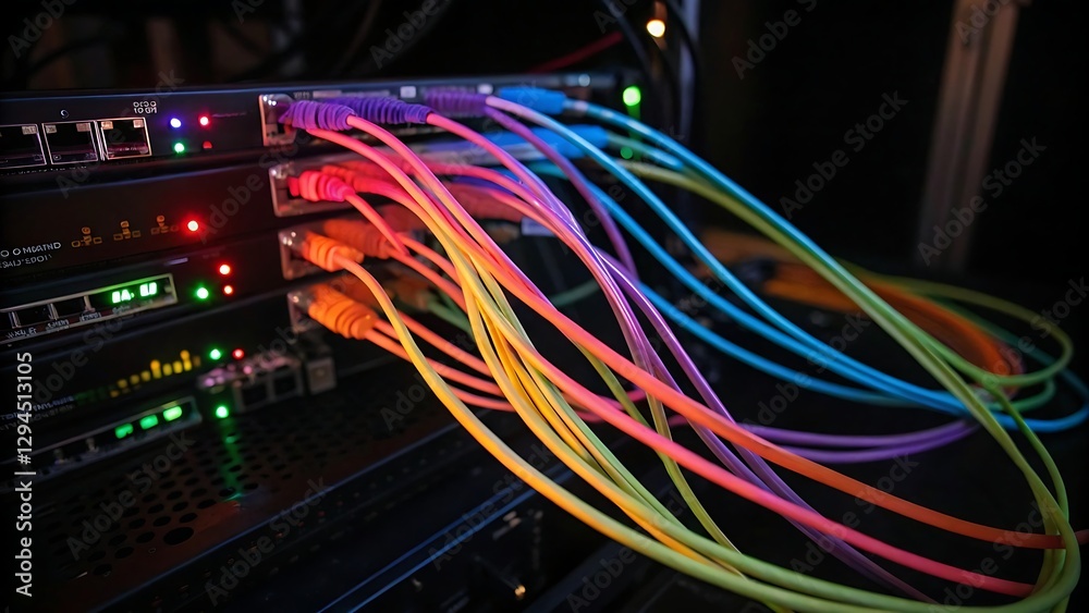 Colorful Tangled Fiber Optic Cables Glowing in a Dark Tech Lab Colorful Tangled Fiber Optic Cables Glowing in a Dark Tech Lab